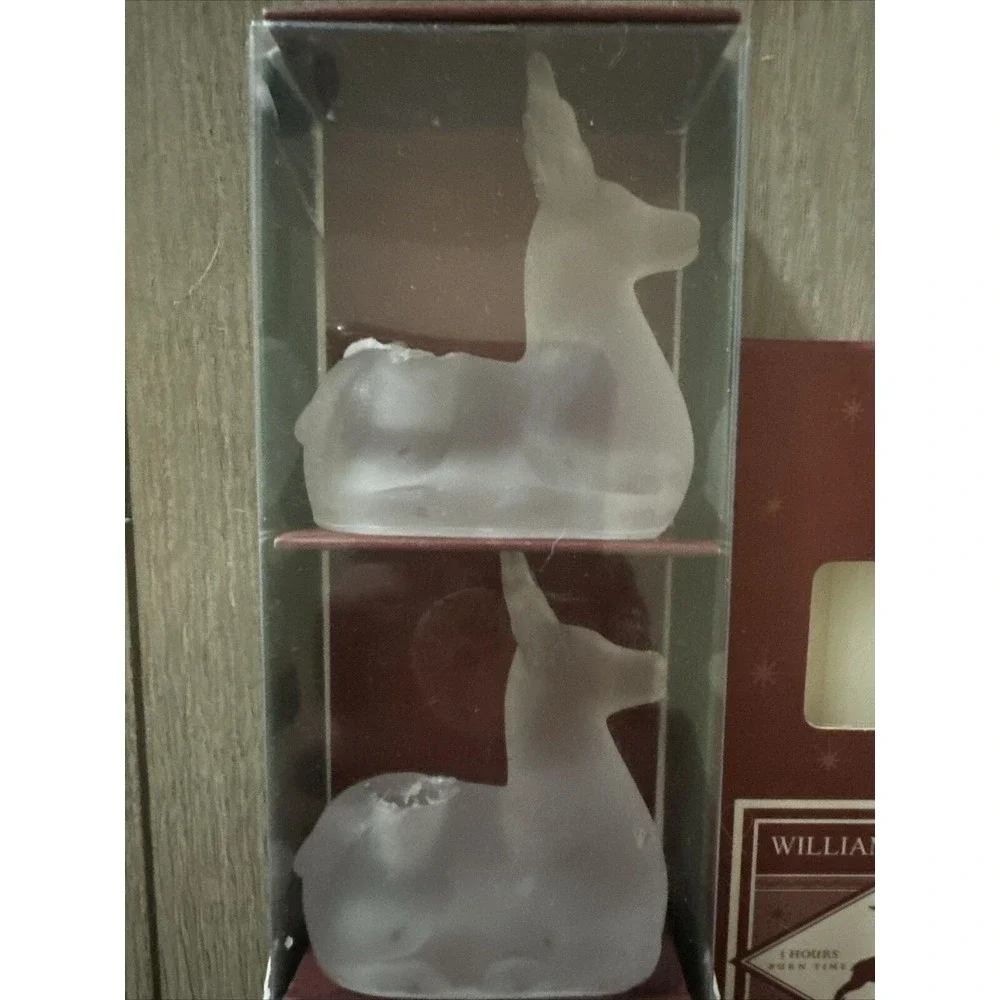 Williams Sonoma Christmas Reindeer Deer Tiny Taper Holders Solid Frosted Glass 4